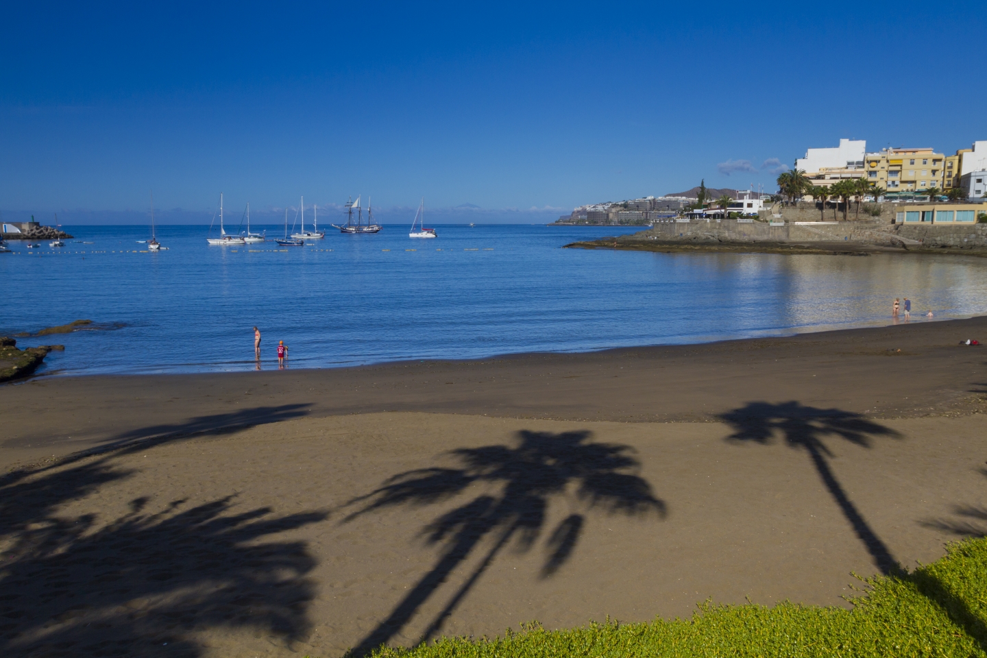 Palm tree shadows on Arguineguin's Las Mara&ntilde;uelas beach